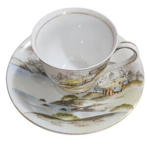 Fleetwood China Hand Painted Japan Demitasse Cup & Saucer Cottage Landscape VTG